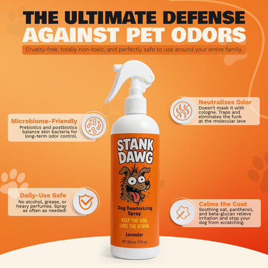 Stank Dawg dog deodorizing spray bottle on an orange background with text about pet odor defense.