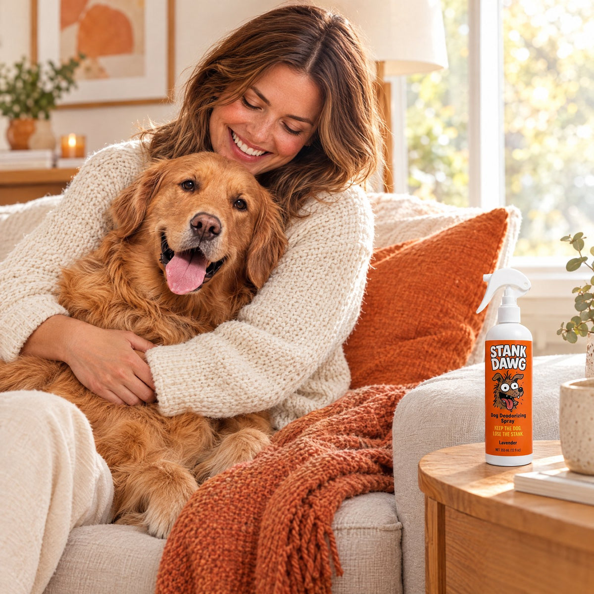 Woman hugging a golden retriever on a sofa, with Stank Dawg dog deodorizing spray on the side table