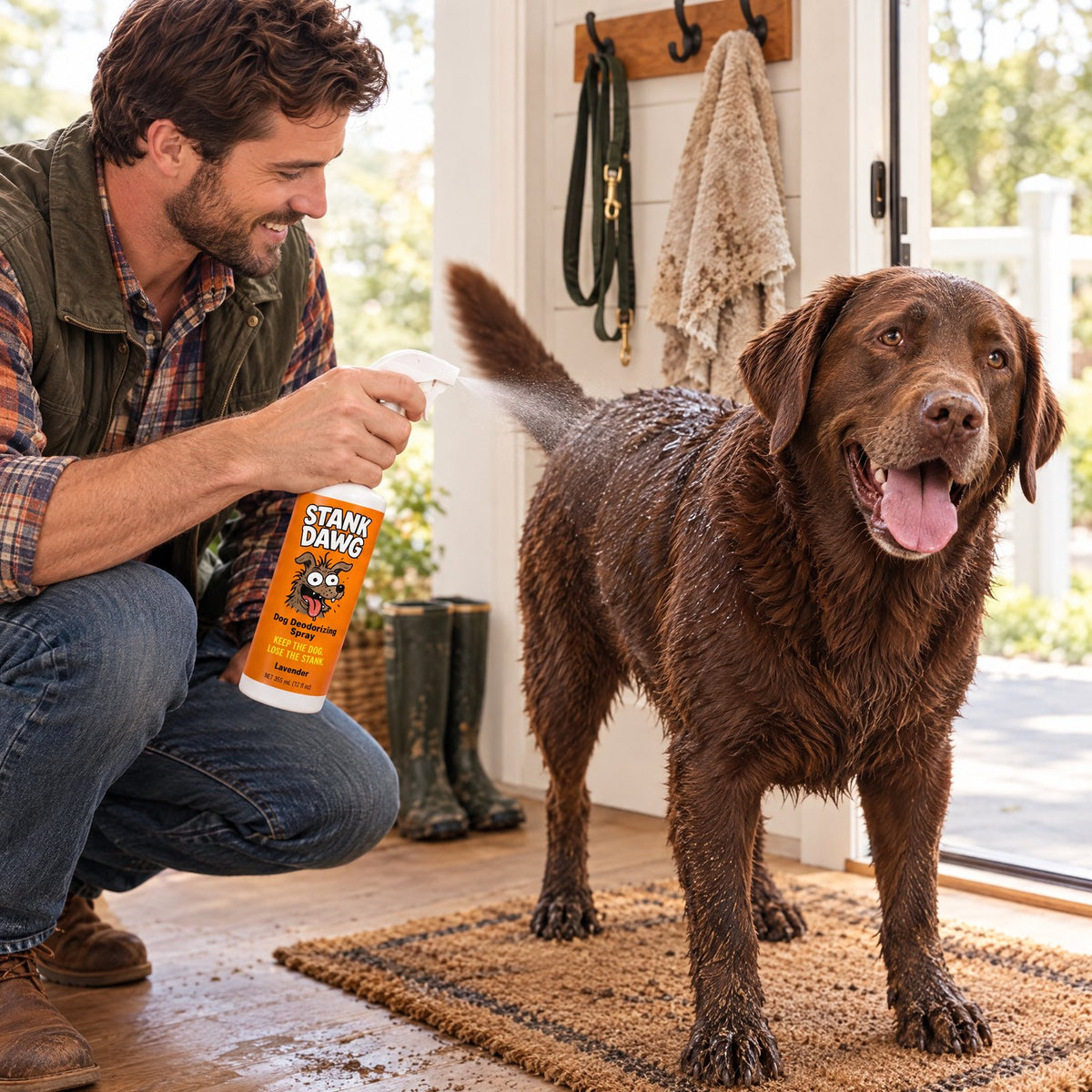 Man misting Stank Dawg deodorizing spray on a muddy Labrador's back after a walk
