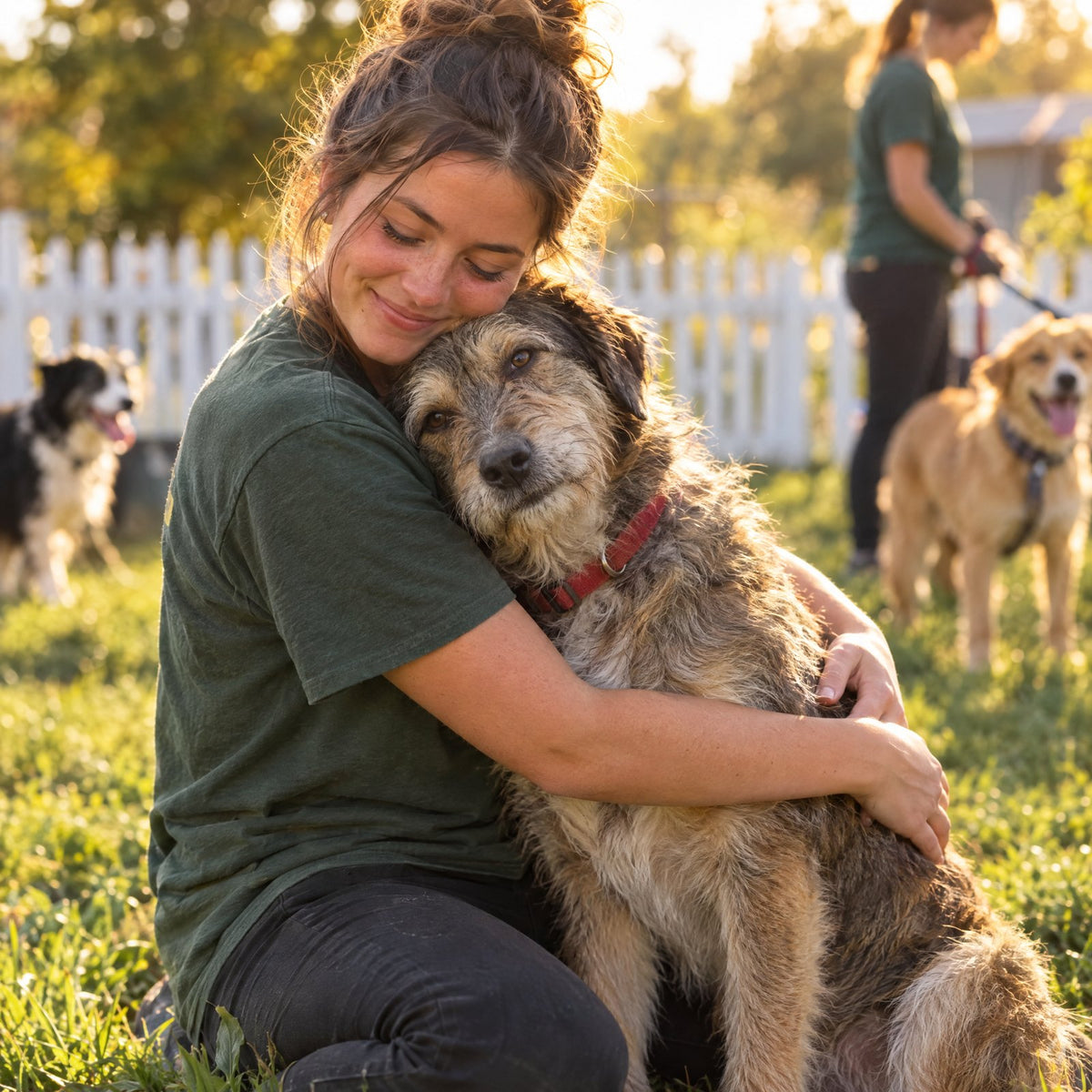 Volunteer hugging a scruffy rescue dog at an outdoor dog rescue