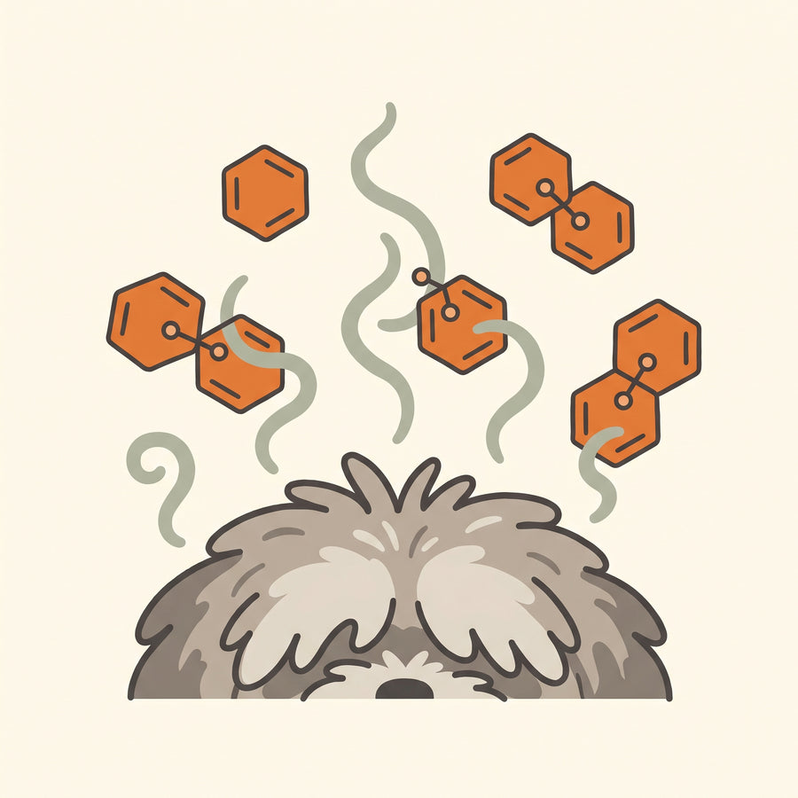 Illustration of odor-trapping molecules above a dog's fur